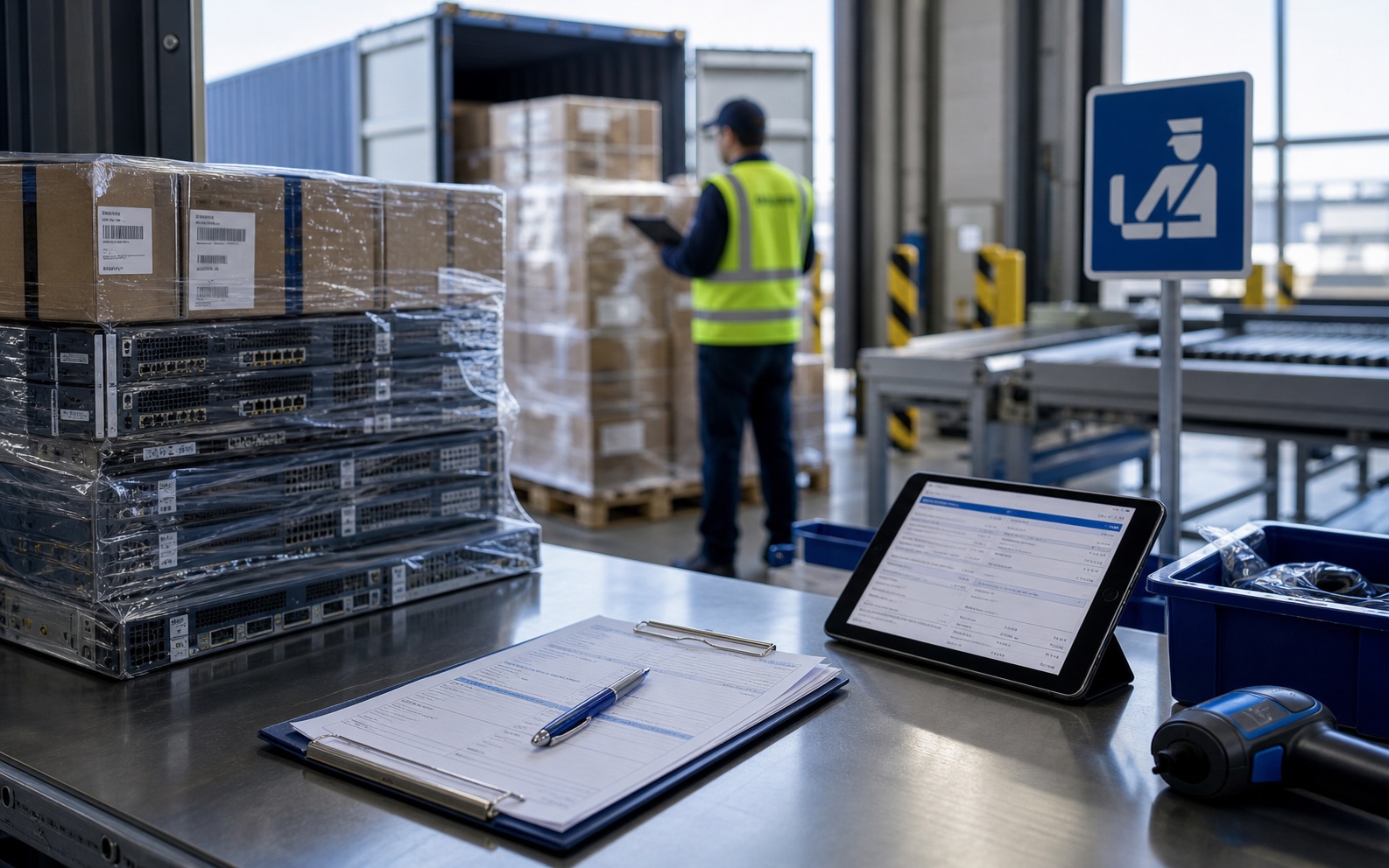 Technology equipment, shipping documents and inspection tools prepared for customs clearance