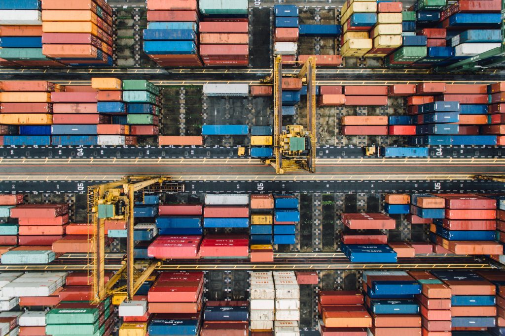 Container in port warehouse waiting for export